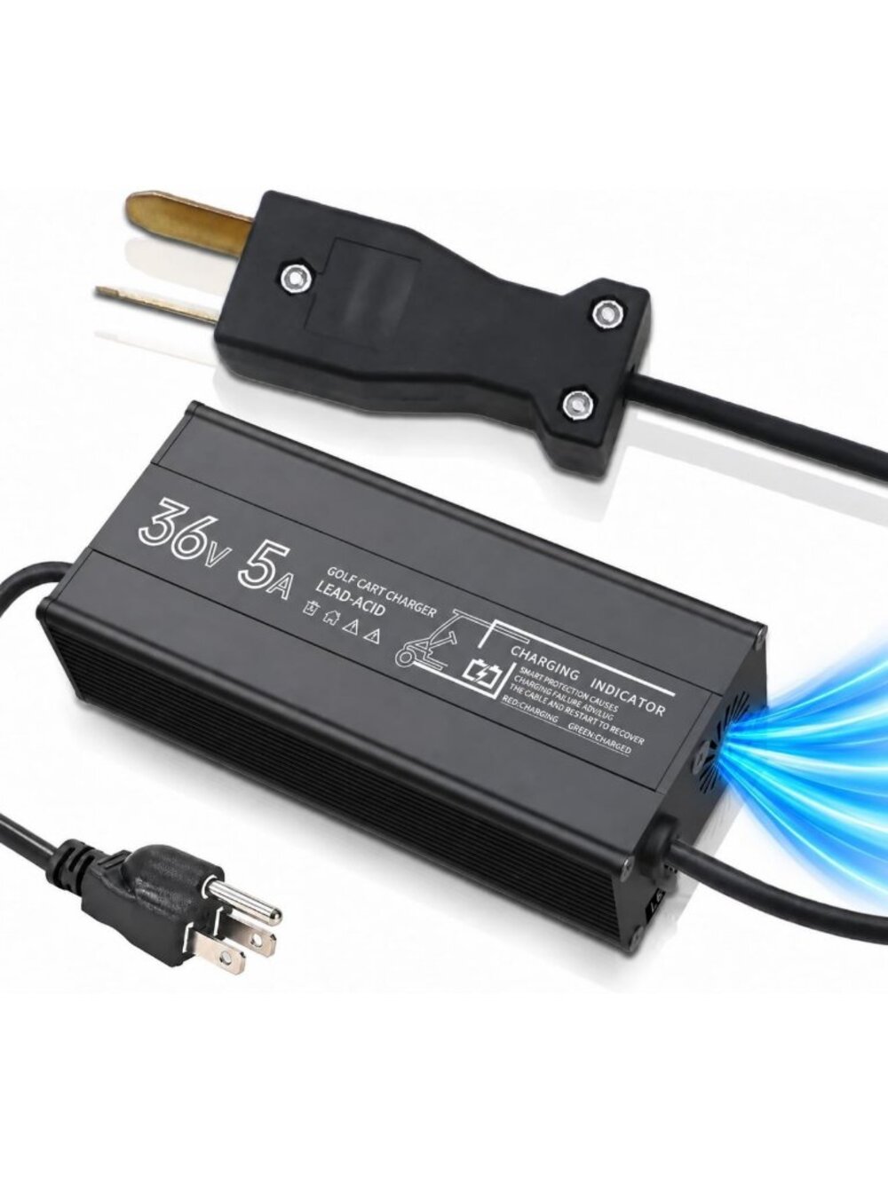 36V 5A Golf Cart Battery Charger - Fast Charging, 2 Prong Crow Foot Connector